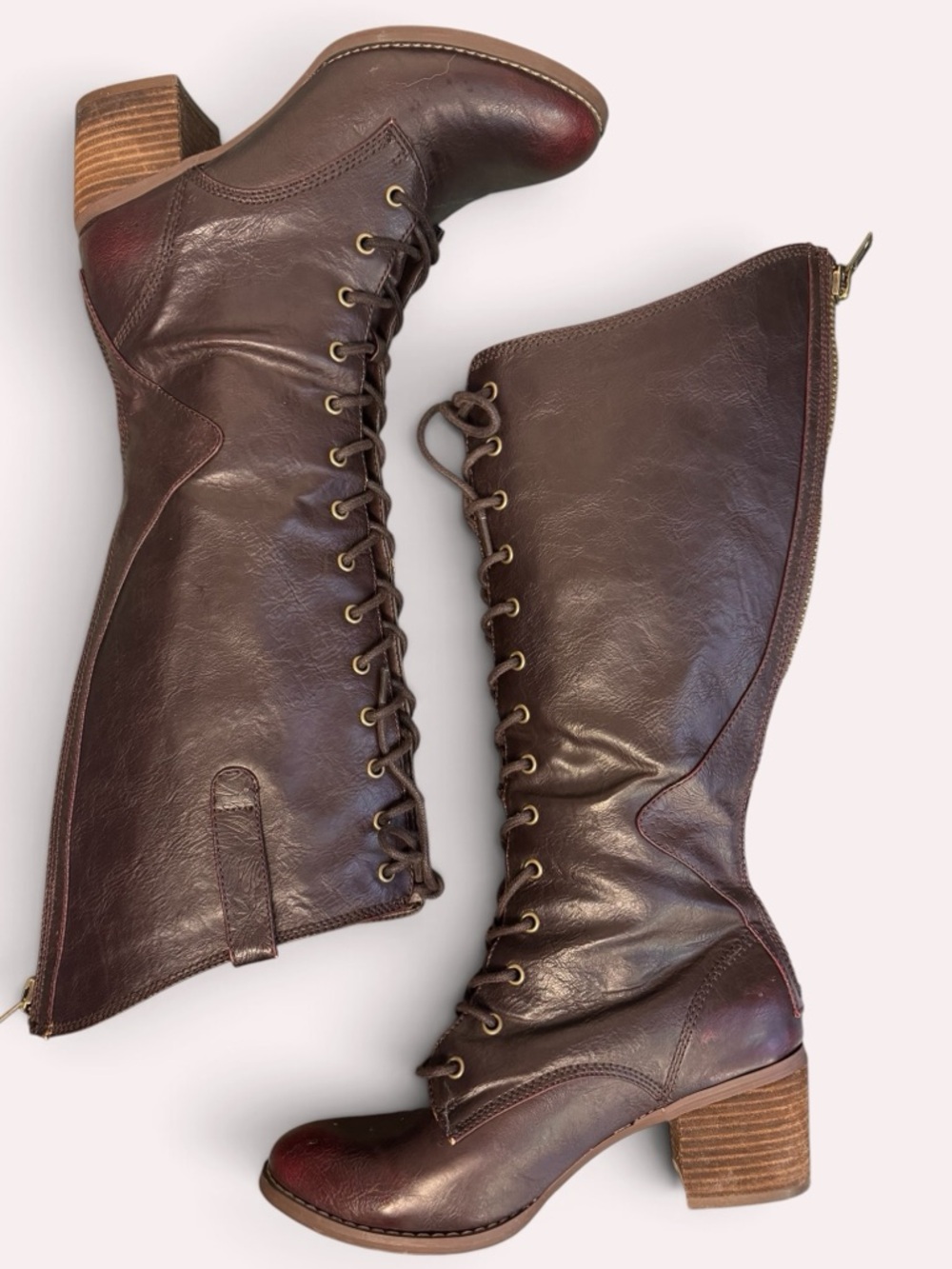 Lace-Up Knee High Leather Boots - Dark Brown W/Easy Zipper Closure
Size9 - Picture 5 of 9